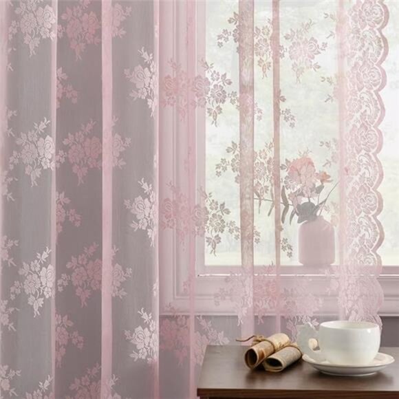 Pink Sheer Curtains for Girls Bedroom - Vintage Floral Sheer Lace Curtains - Picture 7 of 7